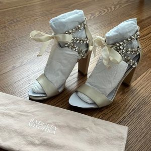 Badgley Mischka Ever After Embellished Block Heel in Ivory Satin